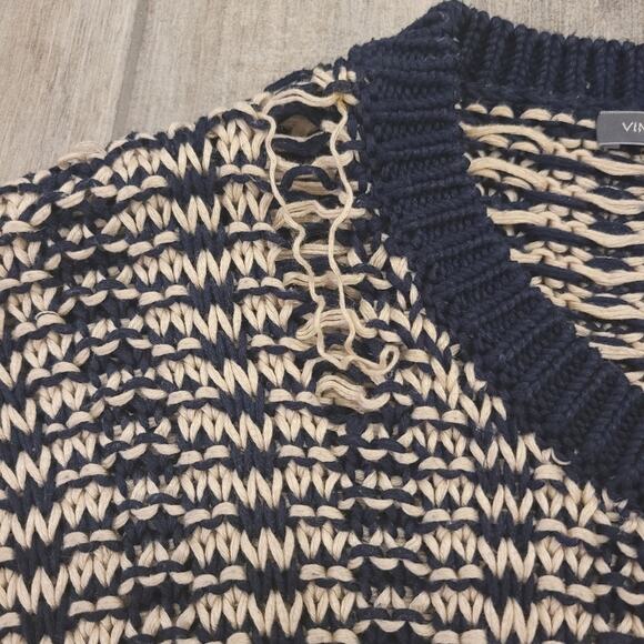 Vince Sweater Womens S Mercerized Texture Knit Coastal Navy Stripes TINY FLAW - Picture 6 of 12